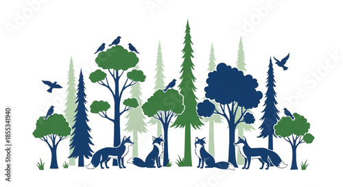 Flat 2D retro vector illustration showing a tranquil forest scene with layered blue and green silhouettes of playful foxes, soaring birds, and numerous trees isolated on a clean white backdrop.