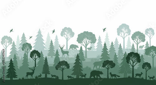 A simple flat 2D vector illustration of a vintage layered forest silhouette featuring various evergreen trees and woodland animal figures against a bright white backdrop.