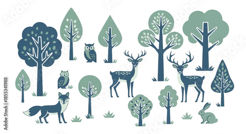 A highly stylized 2D flat illustration of a vintage woodland scene featuring native wildlife and various forest trees depicted in muted blue and green tones, isolated on a white background.