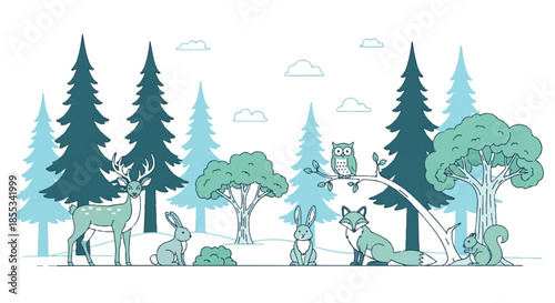 Classic vintage forest scene vector illustration showcasing stylized wildlife among towering coniferous trees, presented in tranquil shades of blue and green against a clean white background.