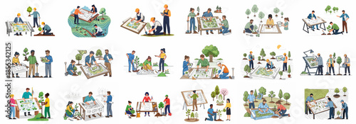 Landscape Architects and Gardeners Collaborating on Urban Green Space Design and Tree Planting Projects.