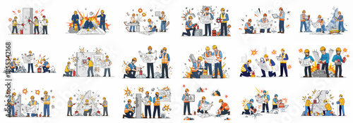 Vector illustration set of construction workers performing controlled demolition, reviewing blueprints, placing dynamite, and causing explosions to break structures.