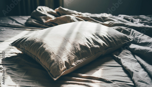 Wrinkled Pillow on Unmade Bed