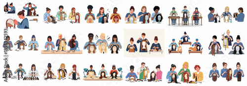 Professional wig making process illustrations featuring diverse artisans creating, cutting, and styling human hair wigs and hairpieces.