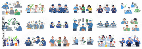 A collection of illustrations showing people performing quality control, inspection, and precision measurement in various industrial and manufacturing settings using calipers and checklists.