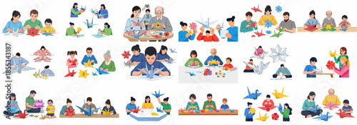 Diverse set of vector illustrations featuring people of all ages enjoying the hobby of origami, folding paper cranes, flowers, and geometric shapes.