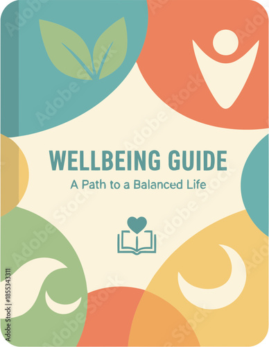 Wellbeing Guide book cover with abstract shapes and wellness icons.