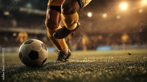 Exciting moment of a soccer match, player kicking ball on illuminated stadium