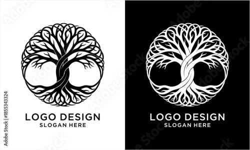 Circular Tree of Life Logo Design with Intricate Roots and Branches.