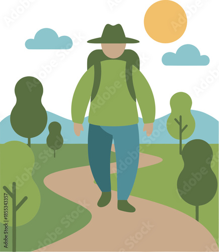 Flat vector illustration of a male hiker with a backpack and hat.