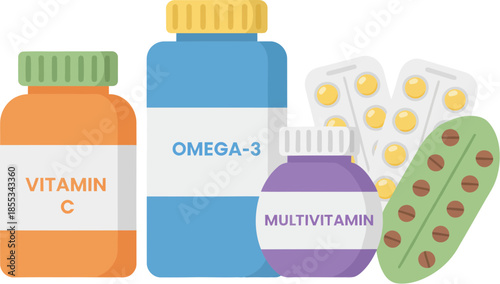 Vector illustration of various vitamin and dietary supplement containers.