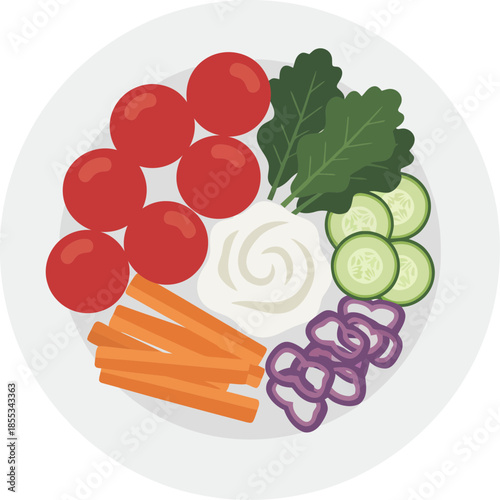 Fresh raw vegetable crudites platter with creamy dip top view.