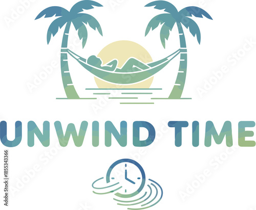 Unwind Time logo with a person relaxing in a hammock between palm trees.