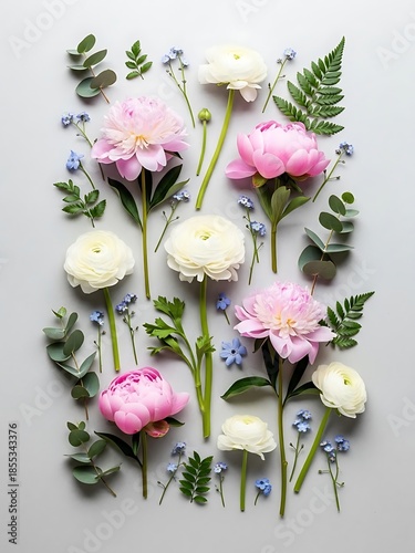 Elegant floral arrangement featuring peonies, ranunculus, and foliage