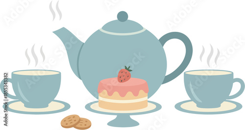 Afternoon tea setting with a blue teapot cups and a strawberry cake.