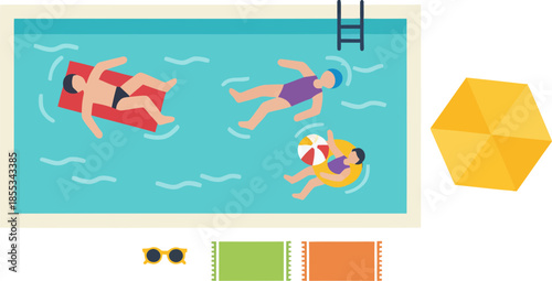 Top view illustration of people relaxing in a swimming pool on a summer day.