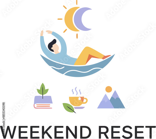Weekend Reset concept illustration of a person relaxing in a hammock with self-care icons.