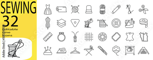 Sewing icon set. Editable stroke.