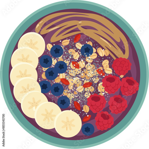 Healthy breakfast acai smoothie bowl with fresh fruit and granola toppings.