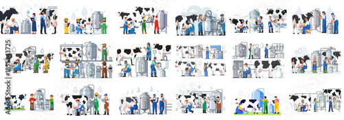 Dairy Farm Production Process Illustrations: Farmers Milking Cows Manually and with Machines, Collecting and Cooling Milk in Storage Tanks.