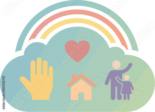 Conceptual illustration of family love home and support under a rainbow.