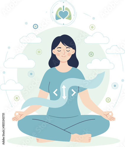 Illustration of a woman practicing mindful breathing meditation in a lotus pose for relaxation and wellness.