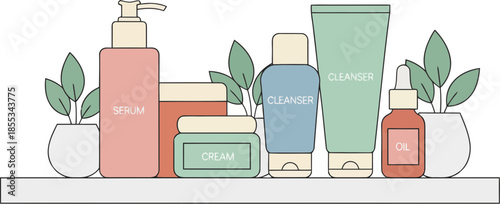 An assortment of colorful skincare and cosmetic products arranged on a shelf with plants.