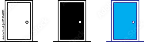 Minimal door icon set in outline, solid and flat styles. Clean modern vector design isolated on white background, ideal for UI, web, app, signage and presentation use.