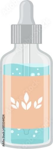 Cosmetic serum in a glass dropper bottle with a natural leaf label design.