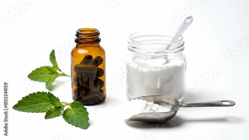 A clean, high-key studio shot of fresh green stevia leaves, white powdered sweetener in a jar, and tablets in an amber bottle, representing natural sugar alternatives isolated on white.