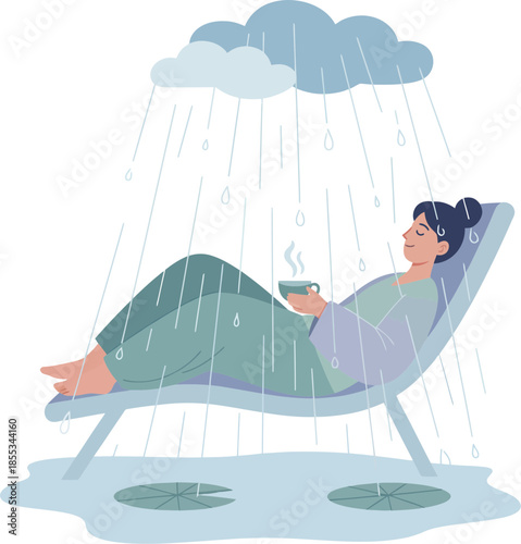Serene woman finds tranquility relaxing in the rain on a deck chair.