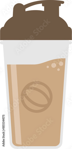 Vector illustration of a protein shaker bottle with a brown liquid supplement.