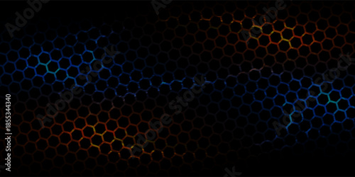 Dark blue technology hexagonal vector background. Abstract blue bright energy flashes under hexagon in navy blue technology, modern, futuristic vector illustration. Blue honeycomb texture grid.