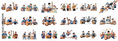 Professional luthier workshop activities, showing people working on guitar maintenance, repair, setup, and instrument craftsmanship.