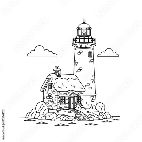 Coastal lighthouse line art seaside illustration