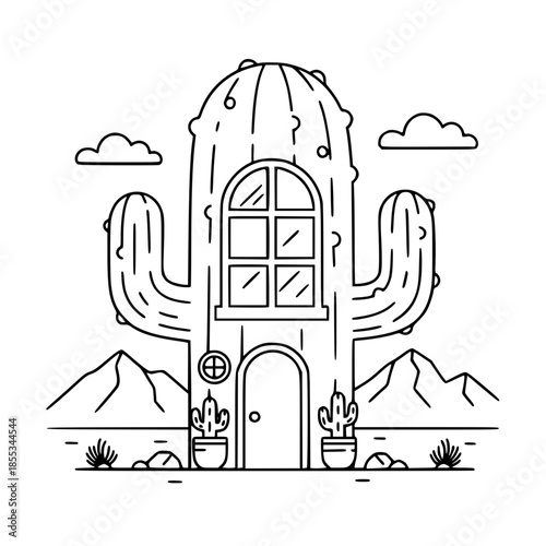 Whimsical cactus house fantasy line illustration