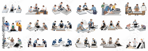 A series of illustrations detailing the step-by-step lithography process, from preparing the stone plate to applying ink and creating fine art prints.