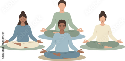 Diverse group of four people meditating together in lotus position.