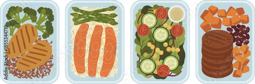 A collection of four healthy meal prep containers with balanced meals.