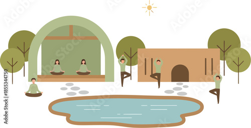 Group of people practicing yoga and meditation at an outdoor wellness retreat.