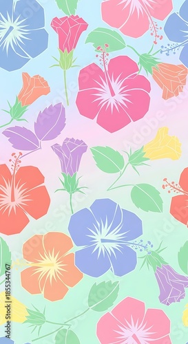 Pastel Hibiscus Floral Motif, Seamless Pattern With Gradient Background