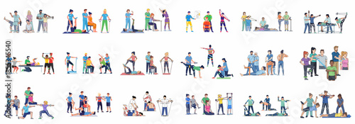A comprehensive illustration set depicting physical therapy and rehabilitation sessions, showing patients exercising with professional therapists using various resistance and movement techniques.