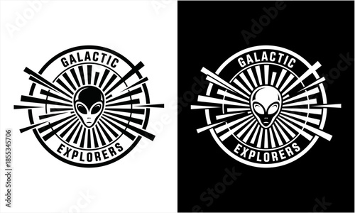 Galactic Explorers Alien Head Emblem with Radial Beams and Text.
