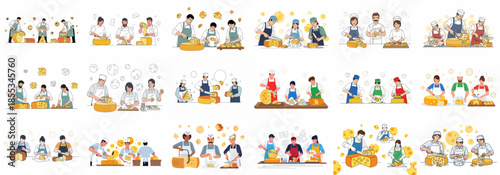 Set of illustrations showing cheesemakers and deli workers slicing, preparing, and packaging various types of cheese from big wheels.