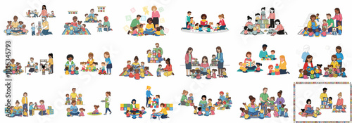 Diverse Children and Teachers Engaging in Early Education Activities, Including Reading Books and Playing with Alphabet Building Blocks.