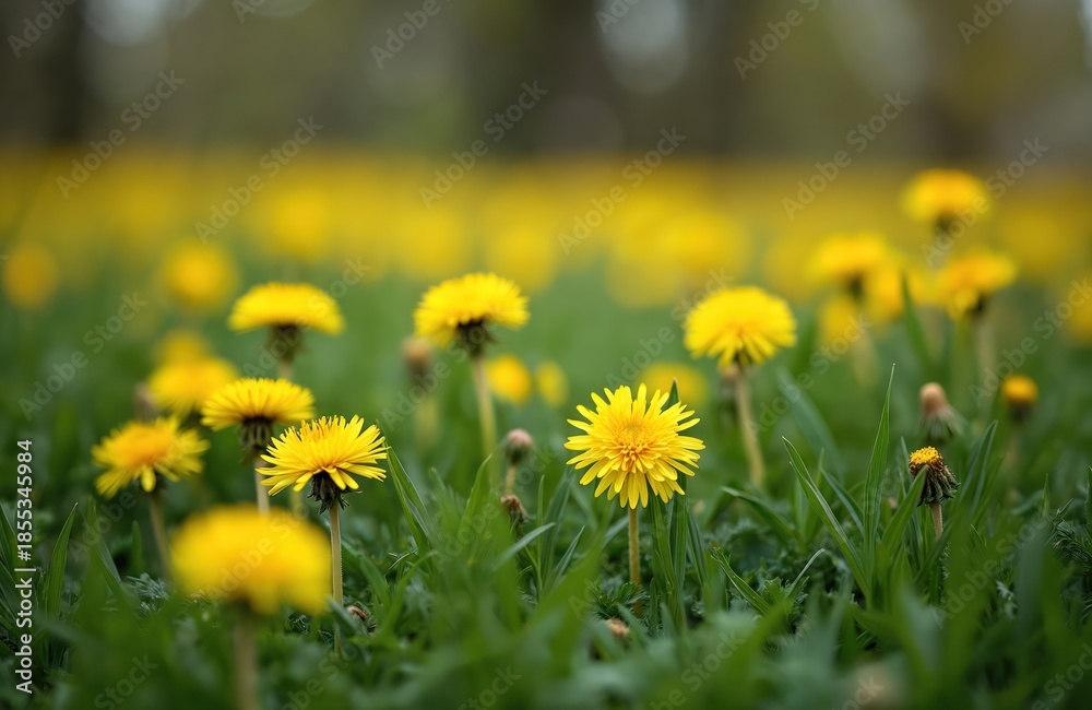 Fototapeta premium Yellow dandelions grow in a green meadow. Closeup of vibrant spring flowers on grass. Nature scene shows wildflowers blooming under soft sunlight. Many plants appear in background.