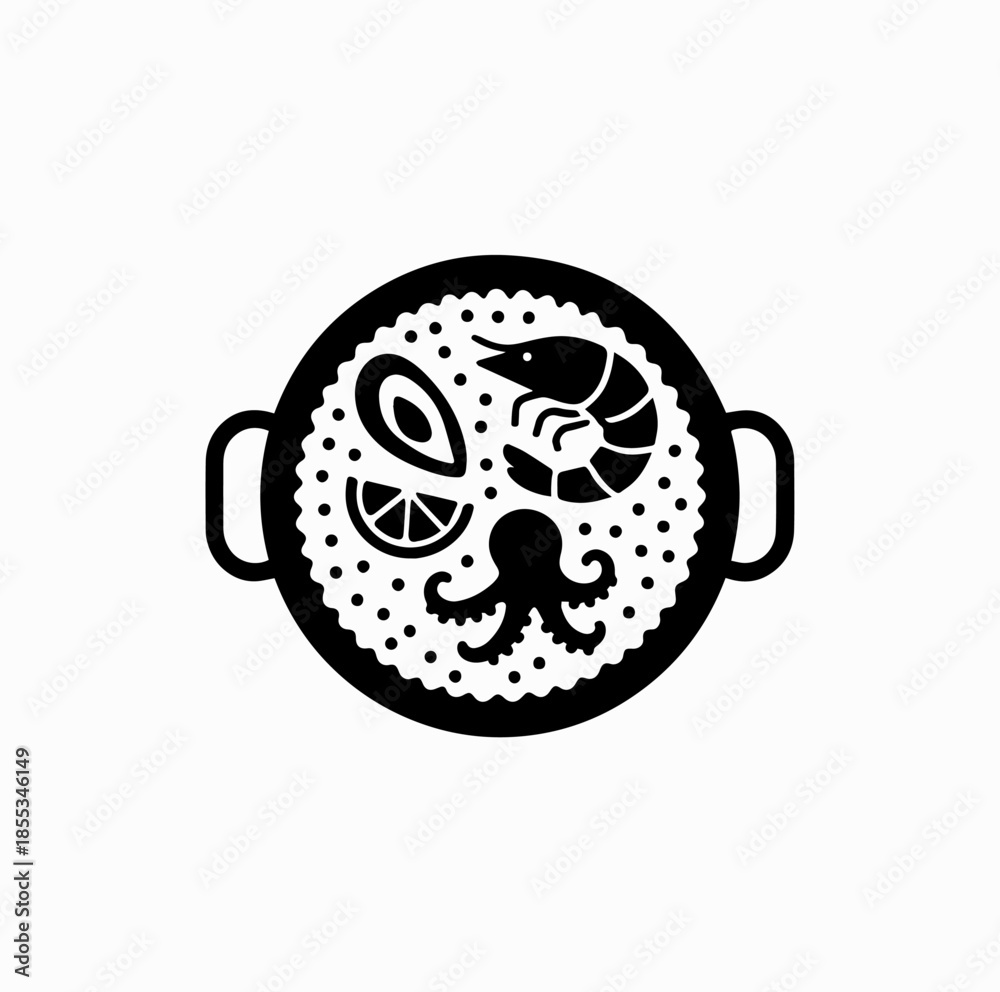 Fototapeta premium Spanish Paella Pan Icon with Rice and Seafood – Food Culture Vector