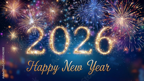 Happy New Year 2026 with Luxury Gold Numbers and Fireworks Background