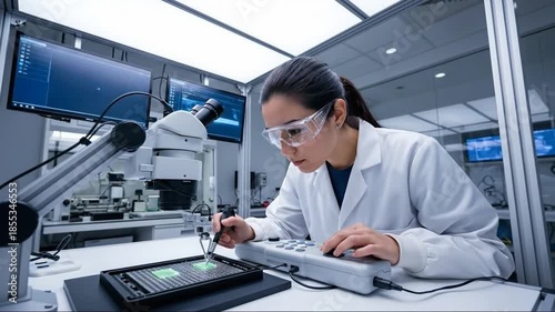 Scientist in lab coat working with microscope and control panel in modern laboratory
