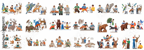 Large set of vector illustrations depicting professional taxidermists preserving animals, including birds, deer, foxes, and bears, using specialized tools and techniques.